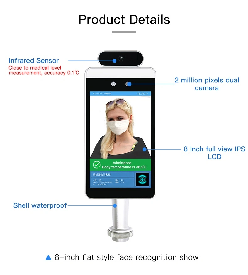 8 Inch Body Temperature Detecting Kiosk with Facial Recognition, Automated Temperature Check Screening Temperature Measurement Kiosk with Face Camera