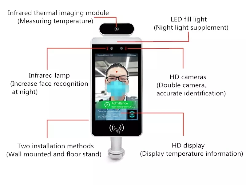 8inch Face Recognition and Body Temperature Kiosk with Auto Hand Sanitizer Dispenser, Temperature Scanning Screening Check Kiosk