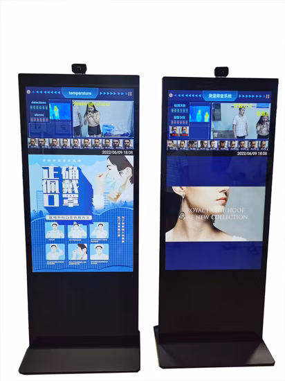 55 インチ床置き広告プレーヤー LCD ディスプレイデジタルサイネージ広告プレーヤー赤外線温度測定システム付きタッチ スクリーン キオスク